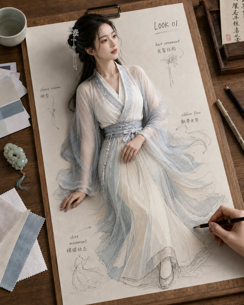 古风汉服设计草图：3D写实与手绘融合